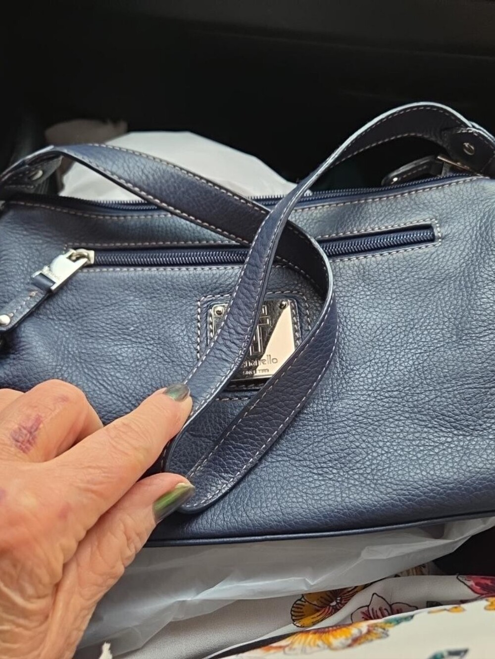 Tignanello Navy Blue Pebbled Leather Shoulder Bag Zip Top Silver Hardware